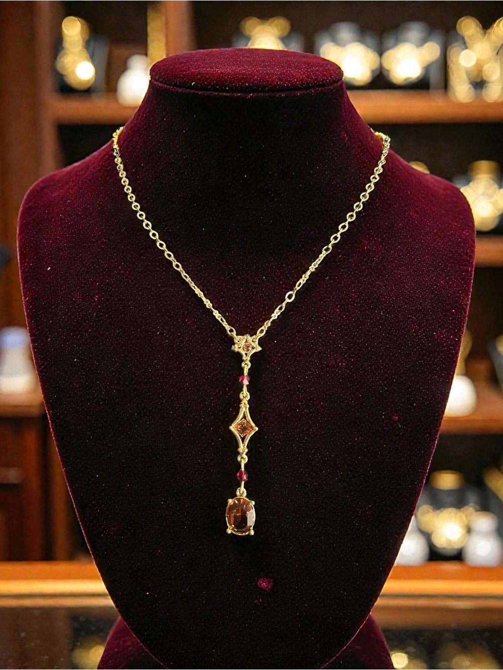 Vintage Monet Garnet Tone Drop Necklace Gold Tone Y Necklace